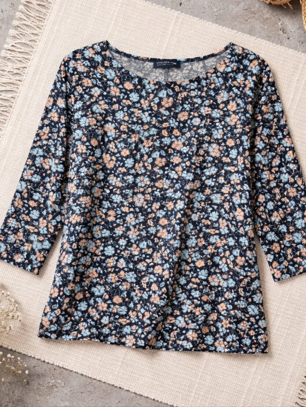 Jones New York Navy Floral Scoop-Neck, 3/4 Sleeve, Top